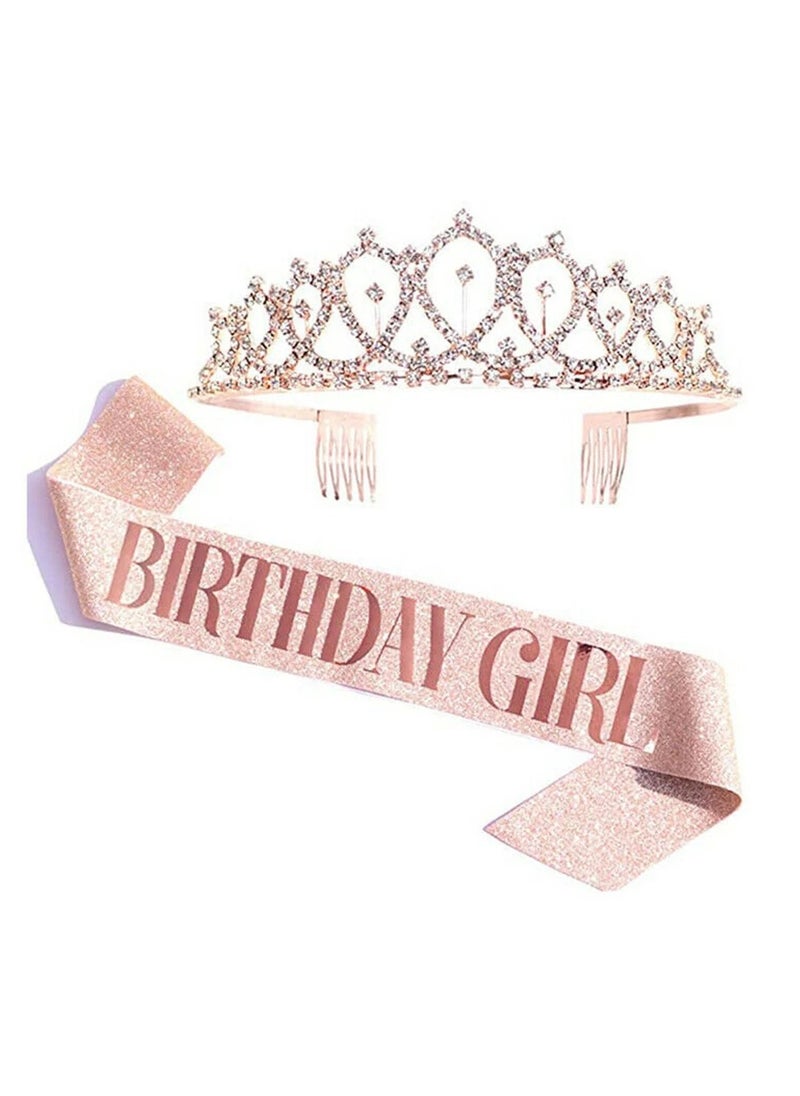 MARGOUN Birthday Girl Sash and Rhinestone Diamond Tiara Set for Girls Rose Gold color 