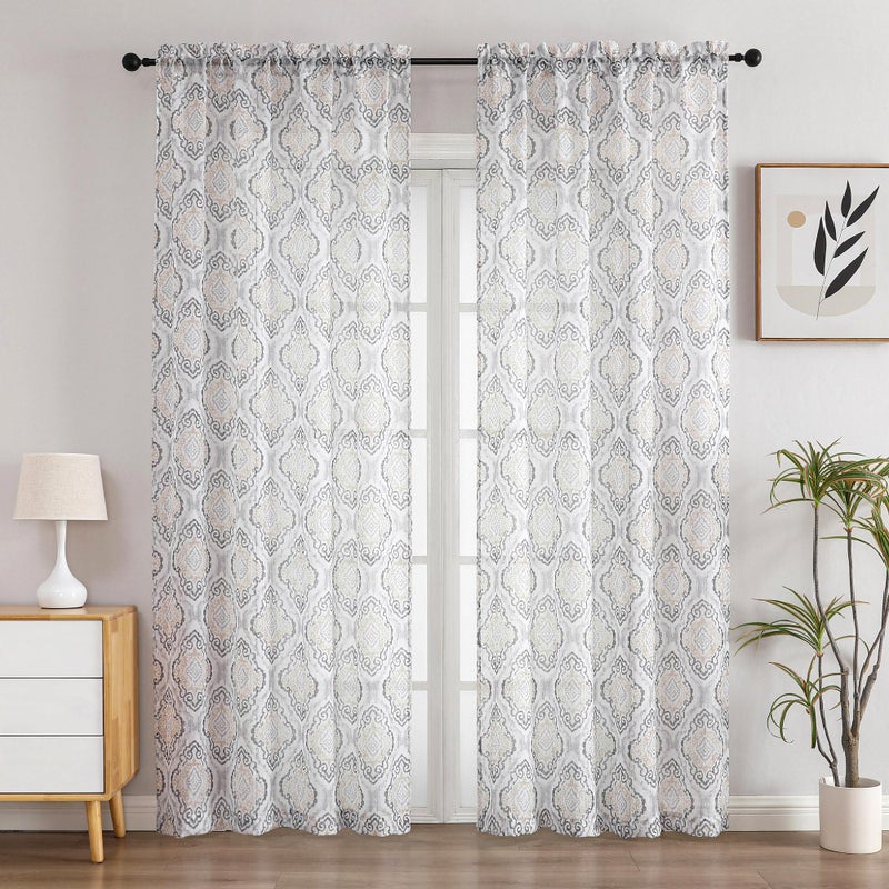 OWENIE Printed Sheer Curtains 84 Inches Long 2 Panels Set, Light Filtering Crinkle Crushed Semi Sheer Curtain with Pattern for Bedroom Living Room, Rod Pocket, Each 42" W x 84" L - Image 2