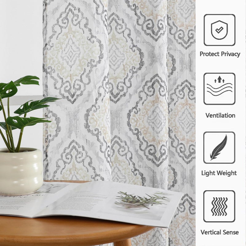 OWENIE Printed Sheer Curtains 84 Inches Long 2 Panels Set, Light Filtering Crinkle Crushed Semi Sheer Curtain with Pattern for Bedroom Living Room, Rod Pocket, Each 42" W x 84" L - Image 4