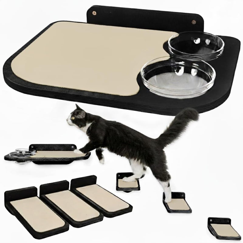 INICIO Cat Wall Shelves Dog Proof Feeding Station with Wall Mounted Shelves Durable 3 Step Birch Floating Shelf for Cats Up to 15lbs Includes Attached Cat Food Bowl for Convenient Feeding Black