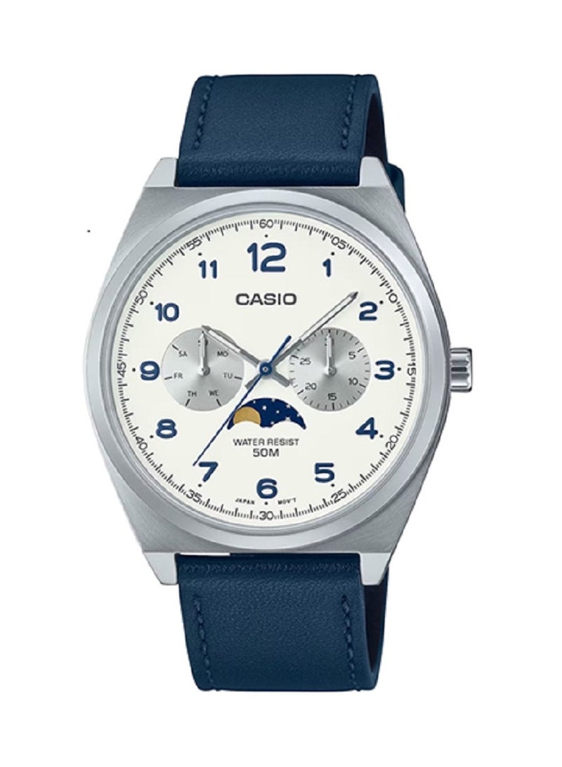 كاسيو ساعة كاسيو للرجال تصميم عصري وكلاسيكي، قرص قمري متعدد الإدخال، قرص أبيض، سوار جلدي MTP-M300L-7AVDF. - Image 1