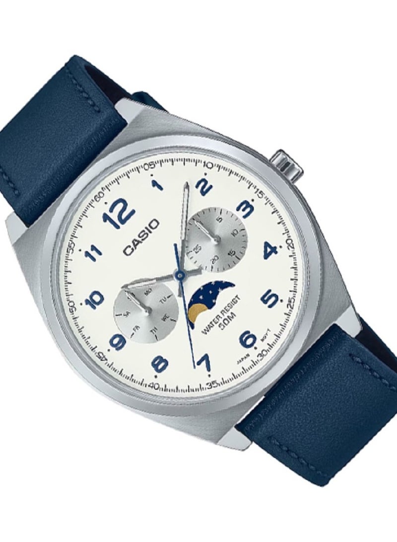 كاسيو ساعة كاسيو للرجال تصميم عصري وكلاسيكي، قرص قمري متعدد الإدخال، قرص أبيض، سوار جلدي MTP-M300L-7AVDF. - Image 3