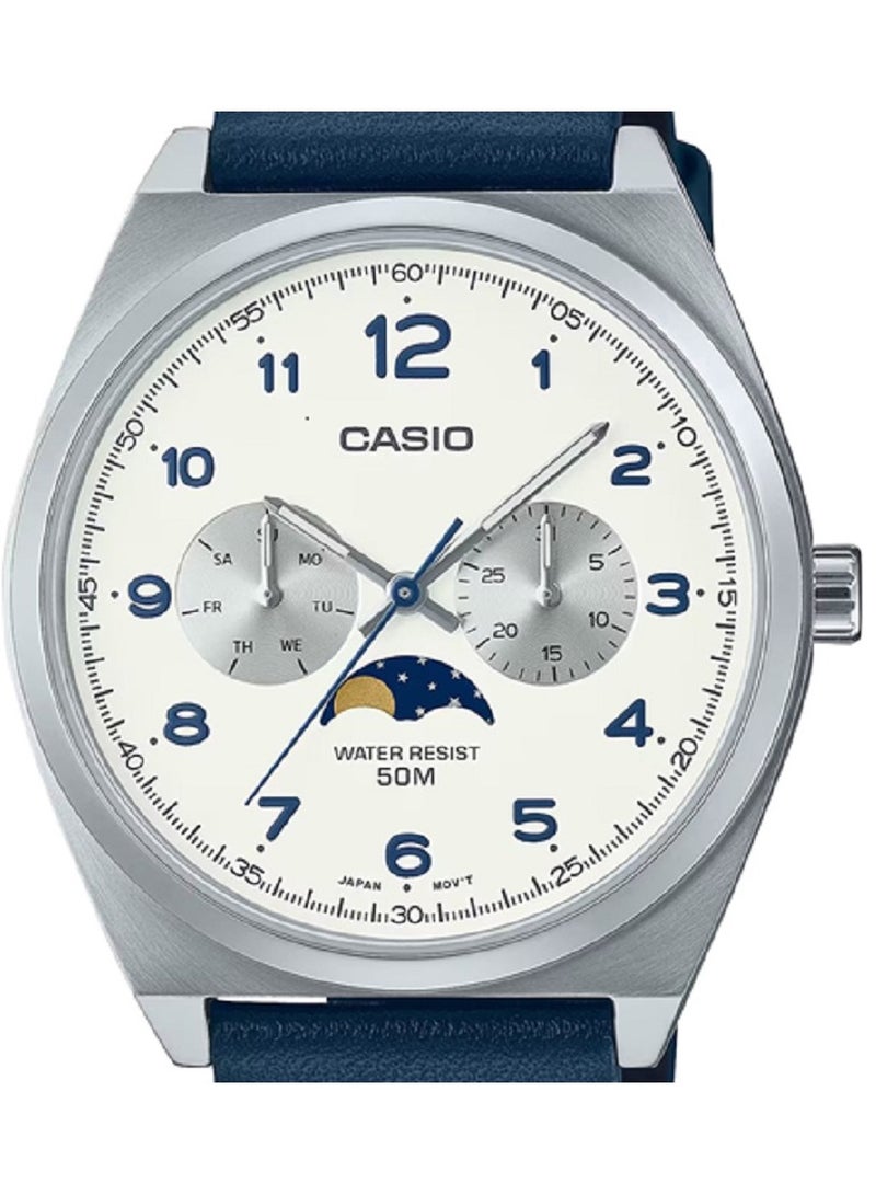 كاسيو ساعة كاسيو للرجال تصميم عصري وكلاسيكي، قرص قمري متعدد الإدخال، قرص أبيض، سوار جلدي MTP-M300L-7AVDF. - Image 4