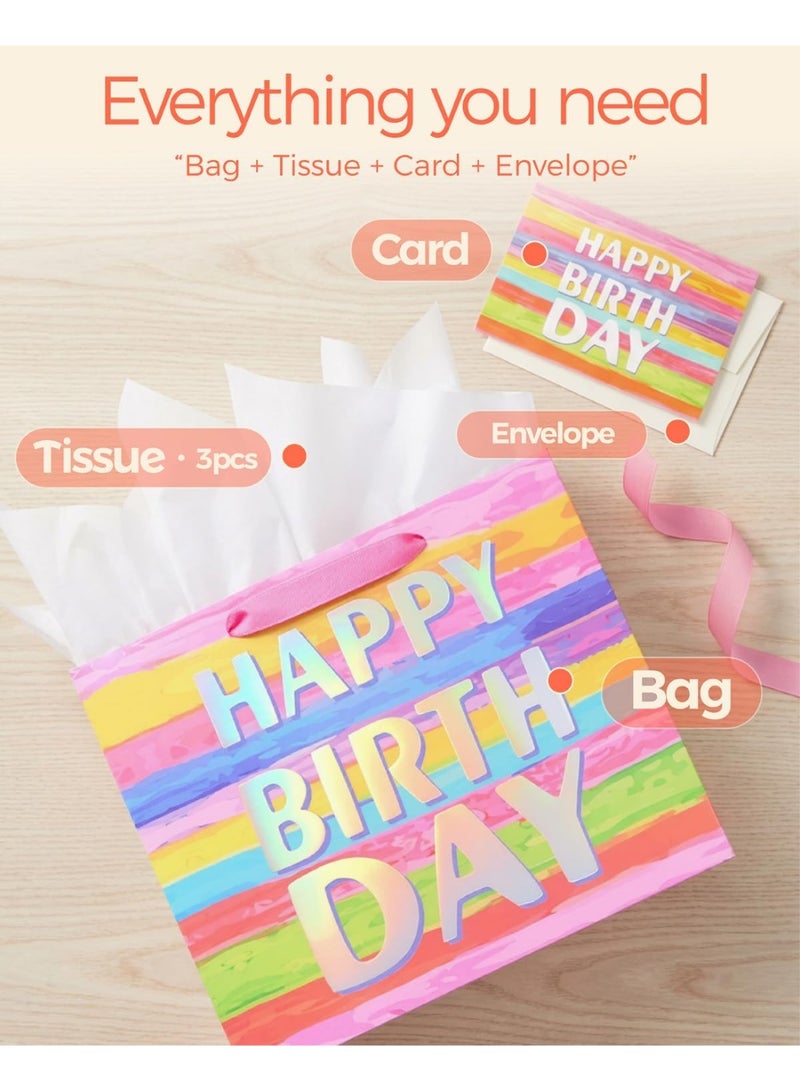 CUNUUDOOL Large Happy Birthday Gift Bag with Tissue Paper & Card, 33x26x12cm Premium Paper Bag for Birthday, Kids', Women's & Mother's Gifts. - Image 4