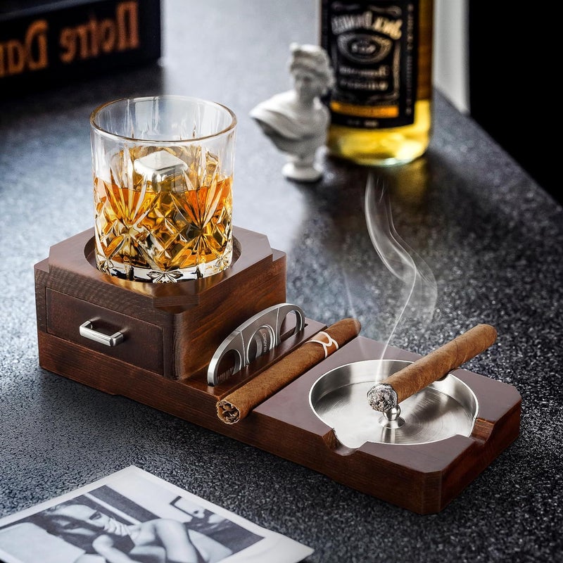 Cigar Ashtray Wooden Ashtray Whiskey Cup Holder With Steel Slot Drawer Ashtray - Image 2