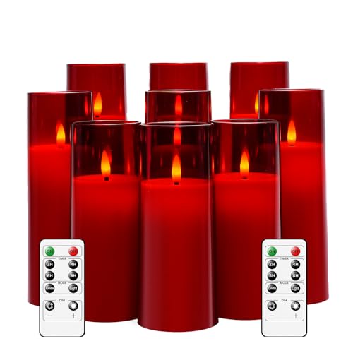 kakoya Flickering Flameless Candles Battery Operated with Remote and 2/4/6/8 H Timer Plexiglass Led Pillar Candles Pack of 9 (D2.3 xH5.5 6.5" 7.5") with Realistic 3D Wick Candles for Home Decor(Red) - Image 1