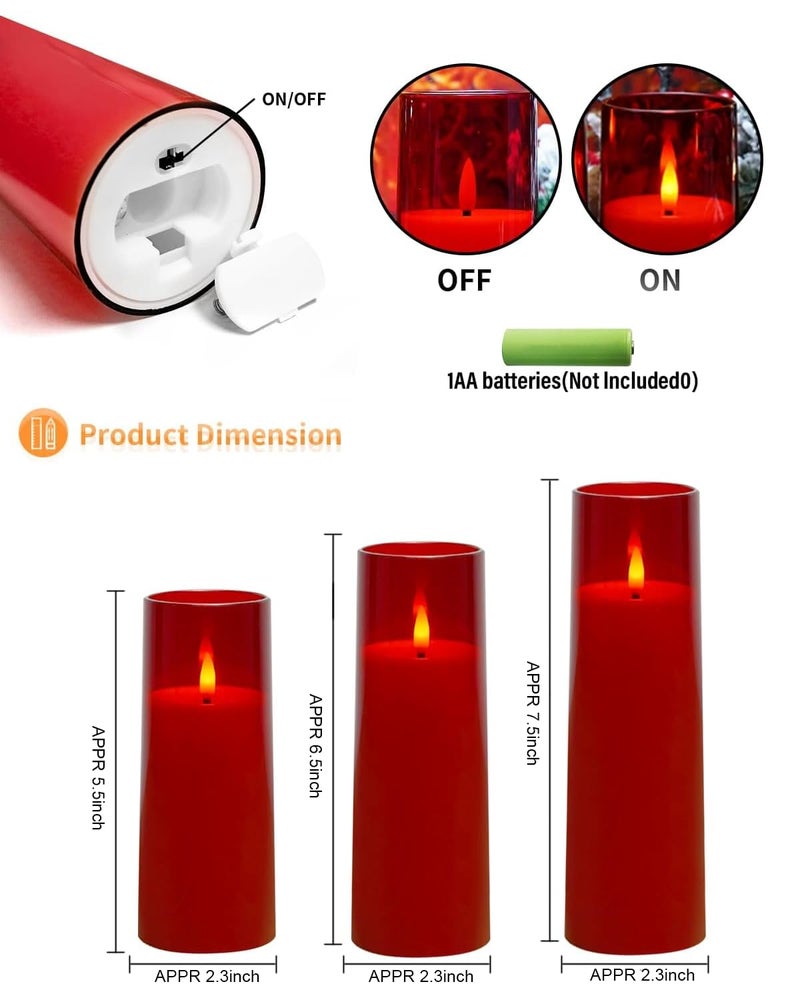 kakoya Flickering Flameless Candles Battery Operated with Remote and 2/4/6/8 H Timer Plexiglass Led Pillar Candles Pack of 9 (D2.3 xH5.5 6.5" 7.5") with Realistic 3D Wick Candles for Home Decor(Red) - Image 5
