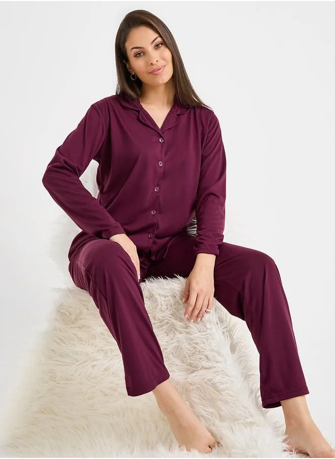 Styli Jersey Button Through Shirt & Pajama Set