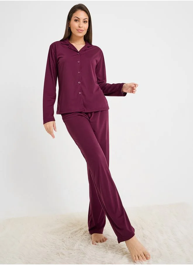 Styli Jersey Button Through Shirt & Pajama Set