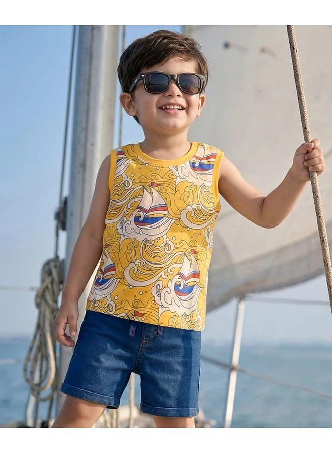 Babyhug Babyhug Single Jersey Knit Sleeveless T-Shirt & Denim Shorts Set with Ship Print - Yellow & Blue