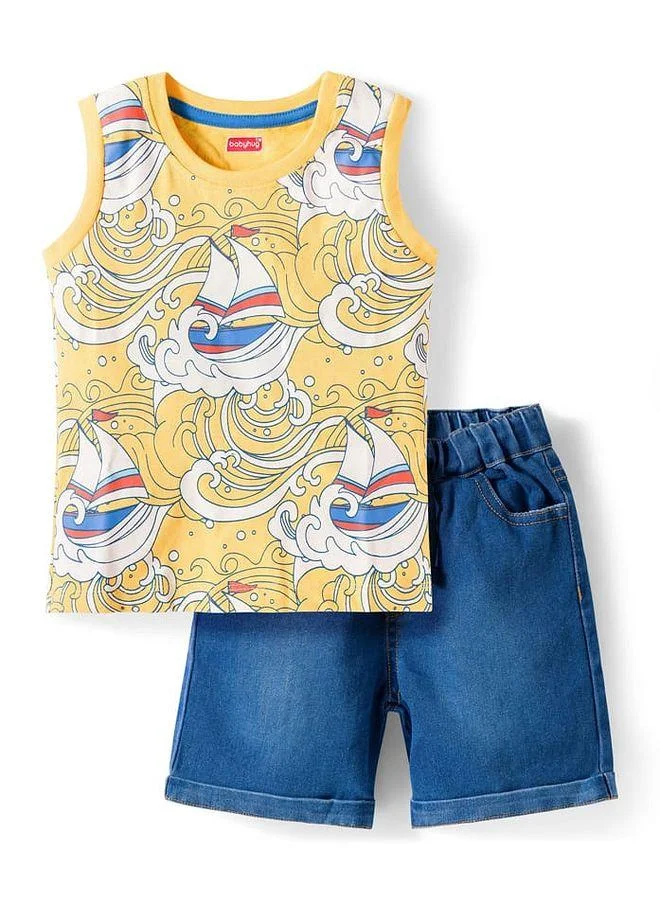 Babyhug Babyhug Single Jersey Knit Sleeveless T-Shirt & Denim Shorts Set with Ship Print - Yellow & Blue