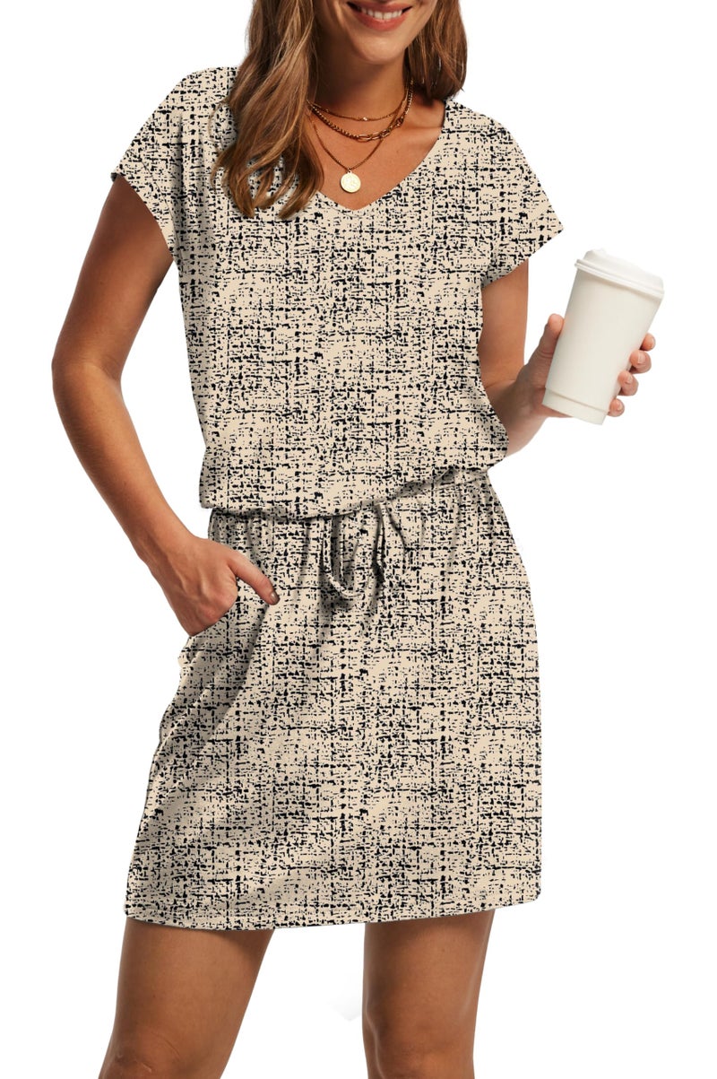 OFEEFAN Boho Dresses for Women 2026 Summer Spring Tshirt V Neck Tie Front Dress Sundresses Beach Vacation Clothes Boho Outfits S - Image 1