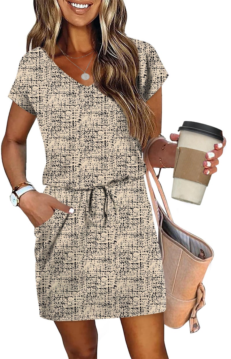 OFEEFAN Boho Dresses for Women 2026 Summer Spring Tshirt V Neck Tie Front Dress Sundresses Beach Vacation Clothes Boho Outfits S - Image 2