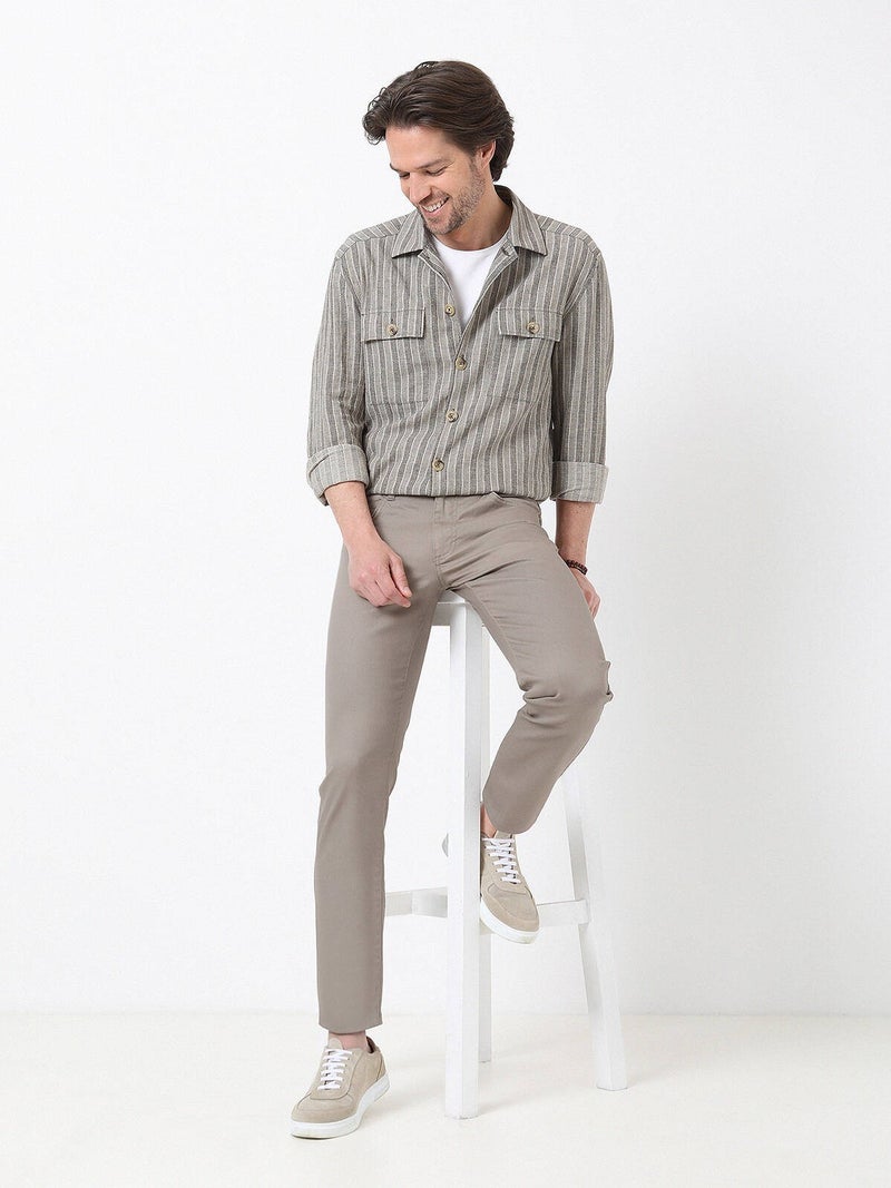 Kip Khaki Weaving Regular Fit Casual Cotton Blended Trousers - Image 1