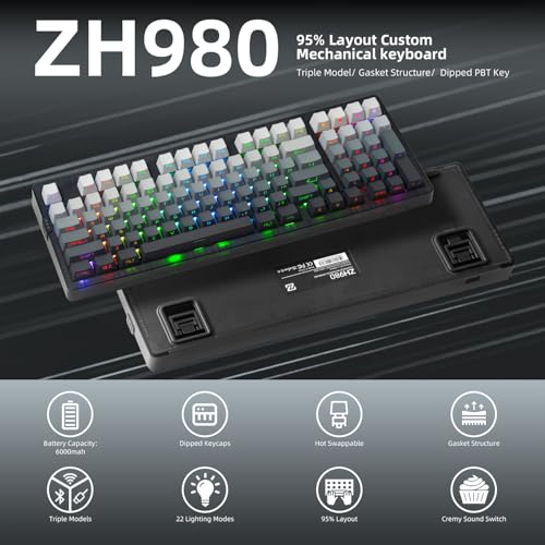 ZORNHER لوحة مفاتيح ميكانيكية لاسلكية ZORNHER ZH980، 95% لوحة مفاتيح باللونين الأسود والأبيض الكريمي مع لوحة أرقام، لوحة مفاتيح مخصصة للألعاب قابلة للتبديل الساخن، مفاتيح مضاءة من PBT، مفاتيح خطية ذات صوت كريمي، بحجم كامل - Image 2