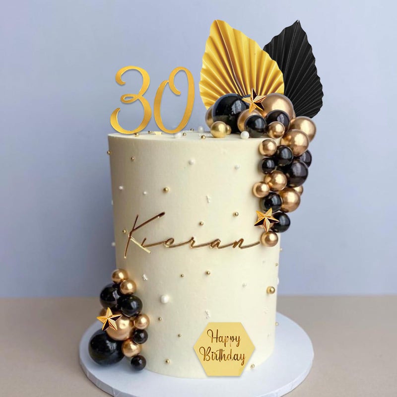 SONICEBUY 44Pcs Balls Cake Topper Man Cake Decorations with Black Gold Balls Palm Leaves Acrylic Numbers 0-9 and Happy Birthday Cake Toppers for Men Boy Black Theme Birthday Baby Shower Wedding Party Supplies - Image 3