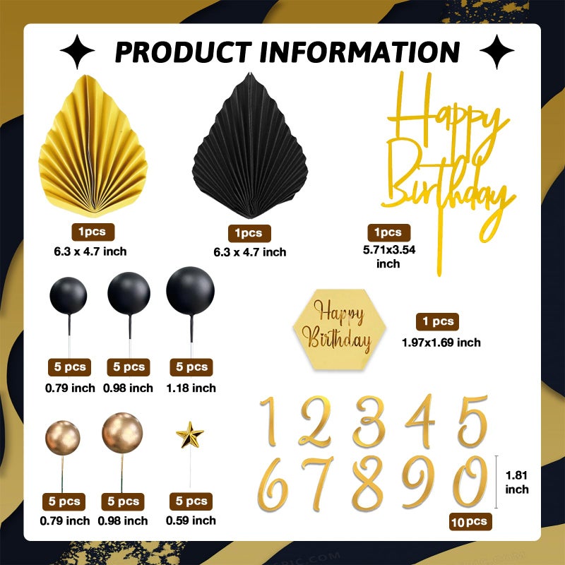 SONICEBUY 44Pcs Balls Cake Topper Man Cake Decorations with Black Gold Balls Palm Leaves Acrylic Numbers 0-9 and Happy Birthday Cake Toppers for Men Boy Black Theme Birthday Baby Shower Wedding Party Supplies - Image 2