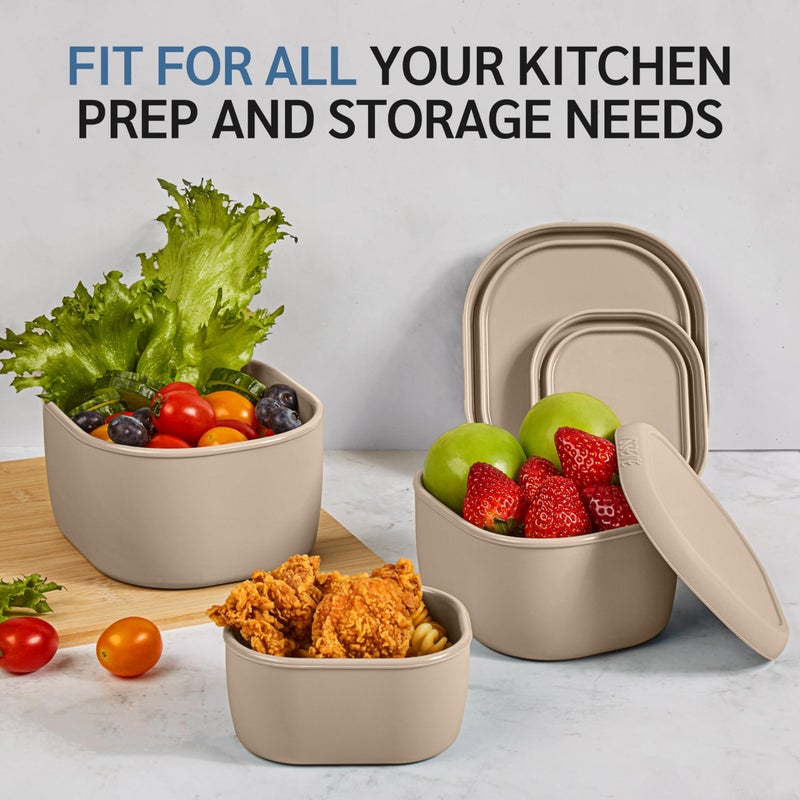 ISSEVE 6Pcs/Set Nesting Silicone Food Storage Containers with Lids, BPA Free Reusable Meal Prep Silicone Containers Lunch Box Bento Box Set (33.8oz, 20oz, 10oz, 6.7oz, 1.3oz) (Beige) - Image 4