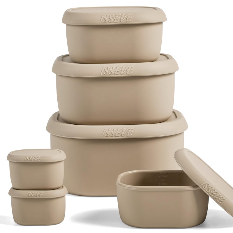 ISSEVE 6Pcs/Set Nesting Silicone Food Storage Containers with Lids, BPA Free Reusable Meal Prep Silicone Containers Lunch Box Bento Box Set (33.8oz, 20oz, 10oz, 6.7oz, 1.3oz) (Beige) - Image 1