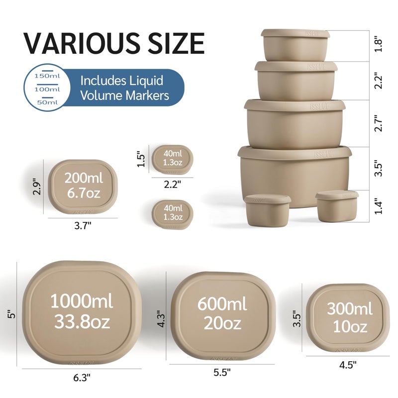 ISSEVE 6Pcs/Set Nesting Silicone Food Storage Containers with Lids, BPA Free Reusable Meal Prep Silicone Containers Lunch Box Bento Box Set (33.8oz, 20oz, 10oz, 6.7oz, 1.3oz) (Beige) - Image 5