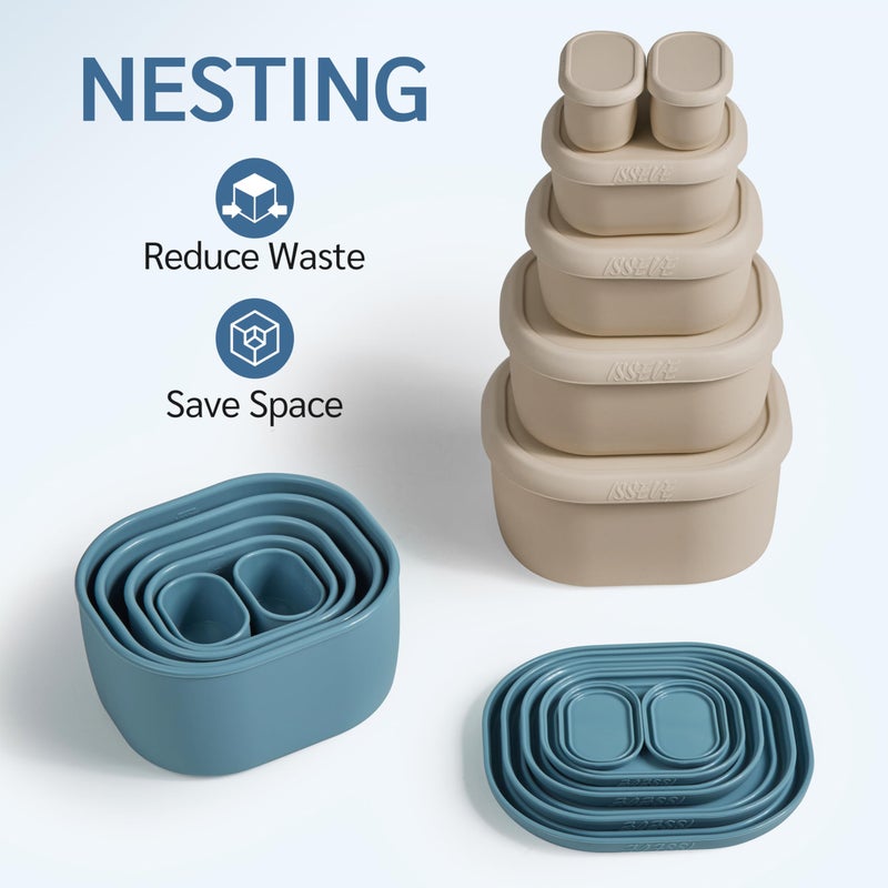 ISSEVE 6Pcs/Set Nesting Silicone Food Storage Containers with Lids, BPA Free Reusable Meal Prep Silicone Containers Lunch Box Bento Box Set (33.8oz, 20oz, 10oz, 6.7oz, 1.3oz) (Beige) - Image 2