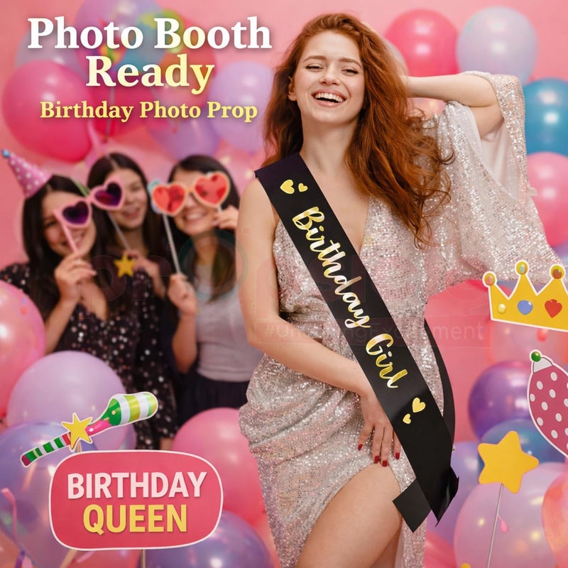 Propsicle Black Golden Foil Happy Birthday Girl Sash - Black Theme Party Decoration for Women, Girls, Mom, 16th Bday - Pack of 1 - Image 4