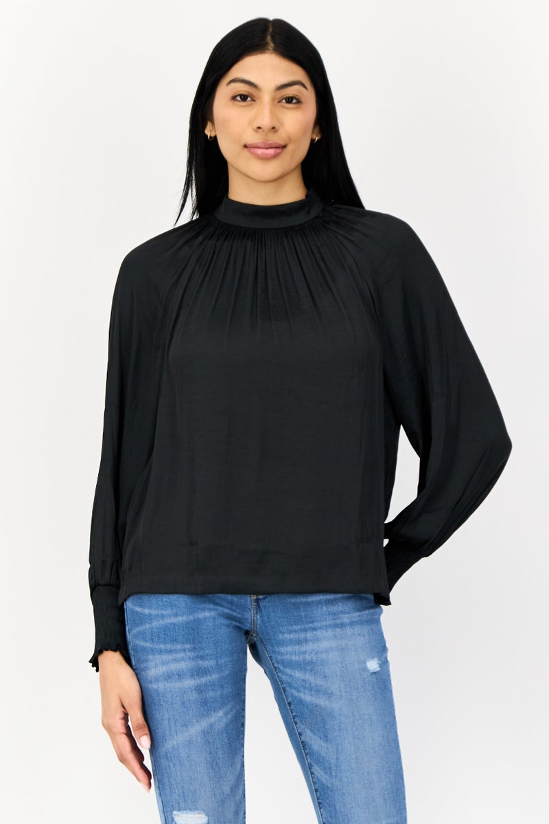 GAP Women Mock Neck Long Sleeve Solid Blouse, Black - Image 1