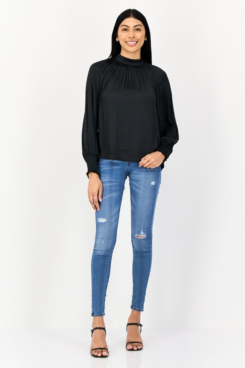 GAP Women Mock Neck Long Sleeve Solid Blouse, Black - Image 3