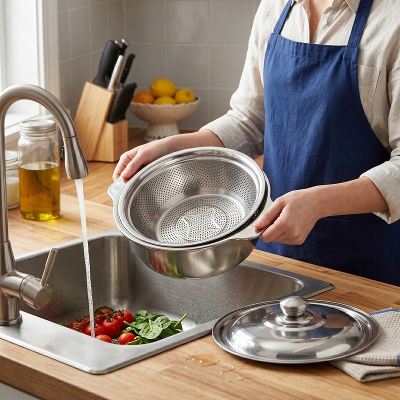 Professional Stainless Steel Colander and Bowl Set 3-Pieces 26 cm - Silver - A1-473 - Image 2