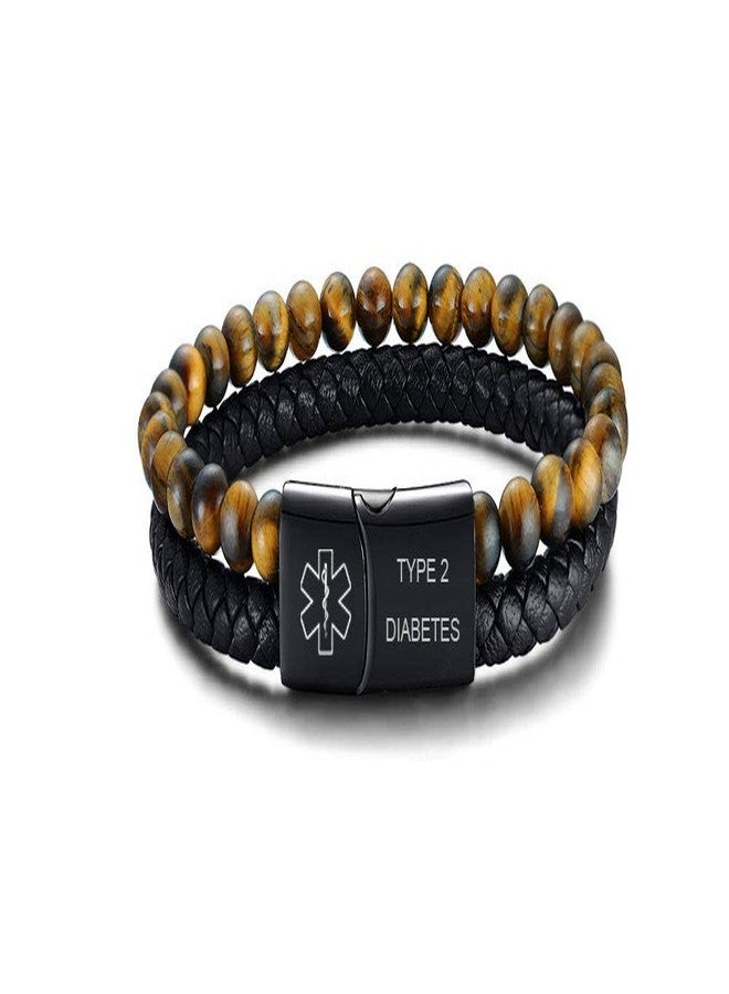 VNOX TYPE 2 DIABETES Medical Alert ID Two-Strand Braided Leather Cuff Wristband Rope Bracelet - Image 1