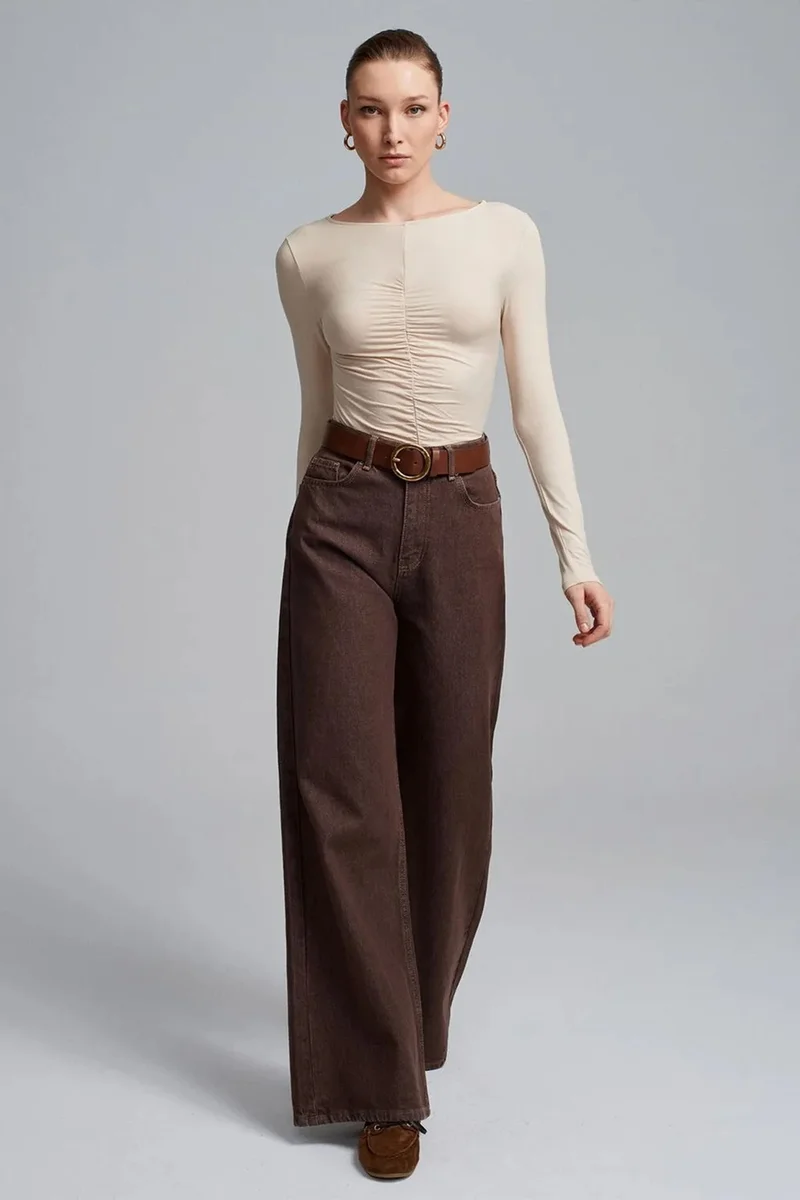 Dilvin Beige Natural DILVIN Slim Fit Boat Neck Long Sleeve Blouse for Women | Best Price UAE