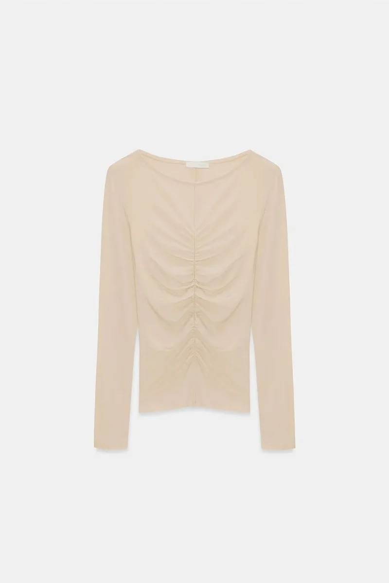 Dilvin Beige Natural DILVIN Slim Fit Boat Neck Long Sleeve Blouse for Women | Best Price UAE