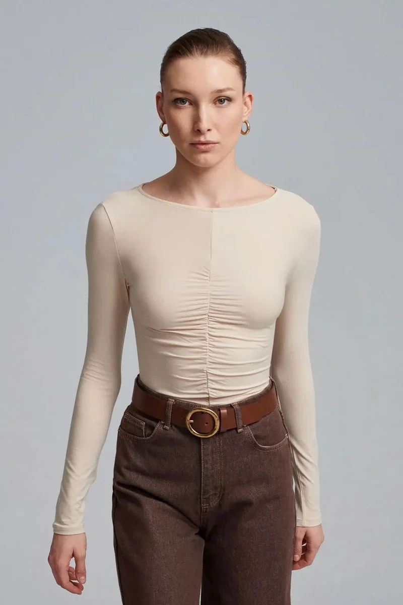 Dilvin Beige Natural DILVIN Slim Fit Boat Neck Long Sleeve Blouse for Women | Best Price UAE