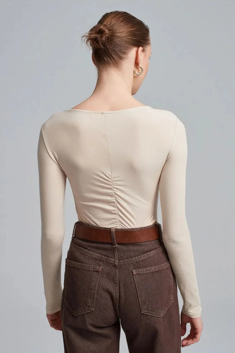 Dilvin Beige Natural DILVIN Slim Fit Boat Neck Long Sleeve Blouse for Women | Best Price UAE