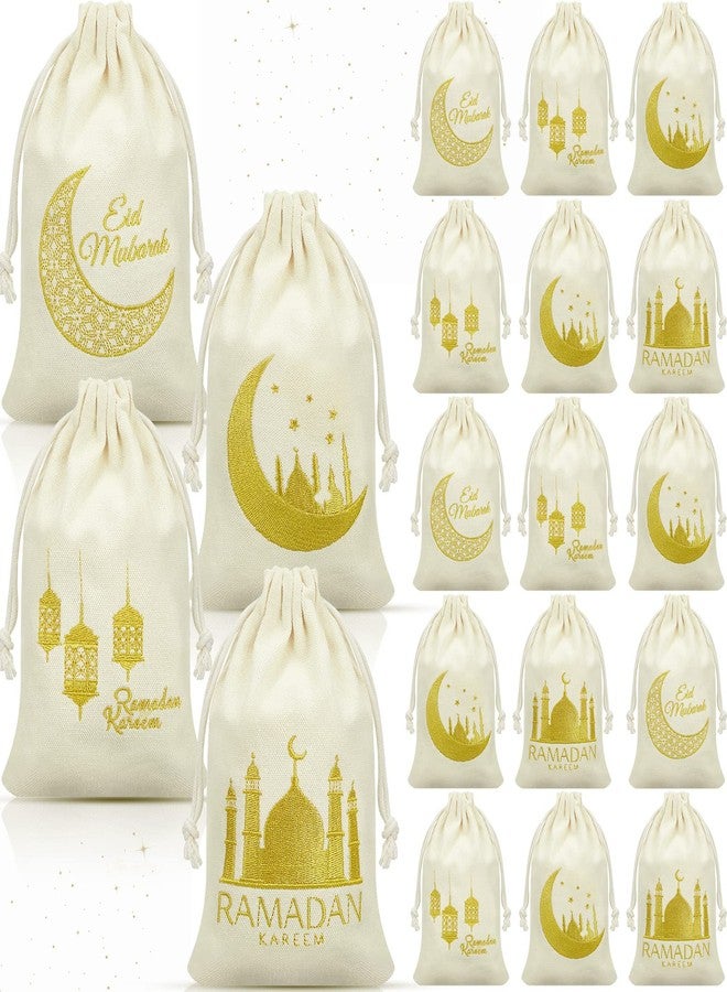Photect 24 Pcs Ramadan Burlap Bags Eid Mubarak Linen Drawstring Gift Goody Bags Islamic Gifts Small Drawstring Pouch for Muslim Eid Mubarak Party Decorations, 4.7 x 7.8 Inch - Image 1