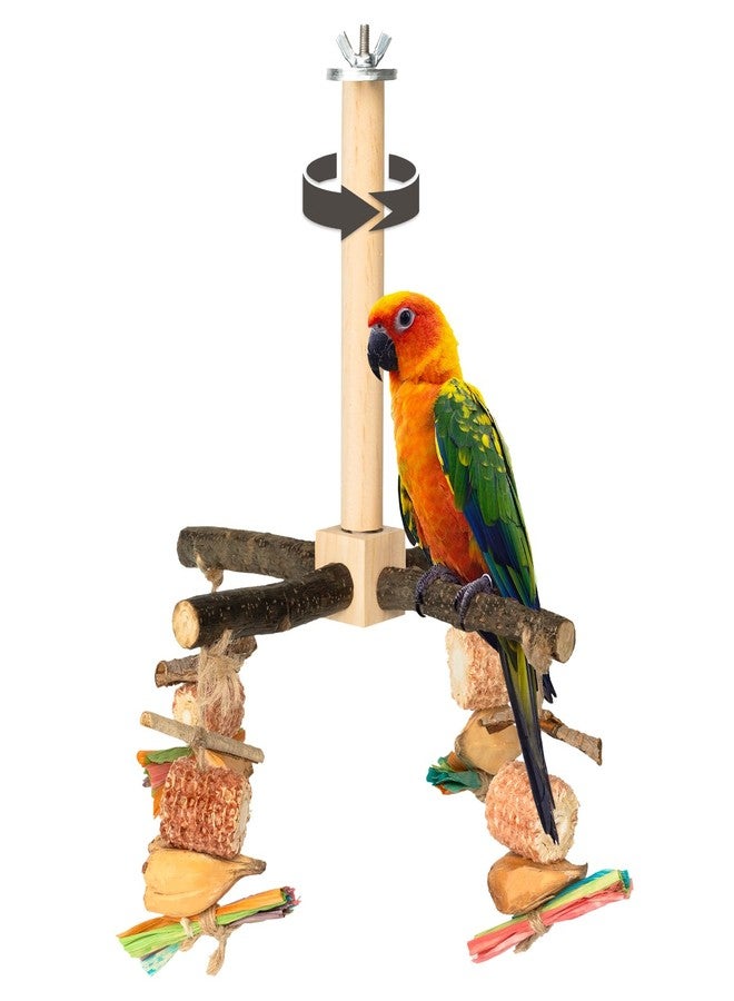 Agape Rotating Parrot Perch Toy with Chew Toy, Natural Wooden Perch Stand for Small & Medium Birds, Bird Cage Accessory with Exercise Wheel for Parakeets Cockatiels Lovebirds Conures Finches Budgies - Image 1