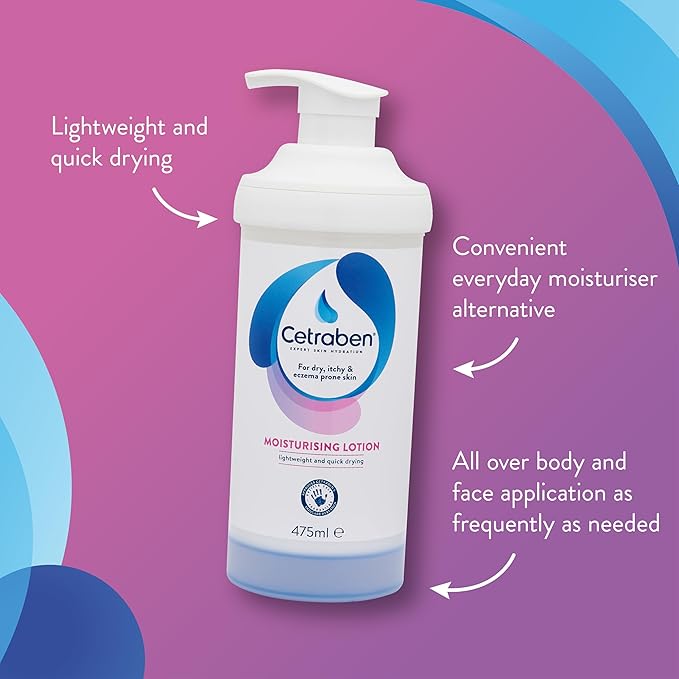 Cetraben Moisturising Lotion Dry Sensitive EczemaProne Skin Lightweight Quick Drying Soothes Protects Skin Daily Moisturiser Suitable for Adults Children Fragrance Free 1 x 475ml - Image 2