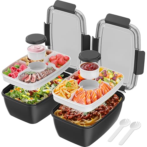 Cherrysea 2Pack Salad Lunch Container, 68oz Salad Bowls with 4 Compartments Tray,Leak Proof Lunch Box with Fork for Men,Women BPA-Free Snack Container with Sauce Container for Dressings - Black - Image 1