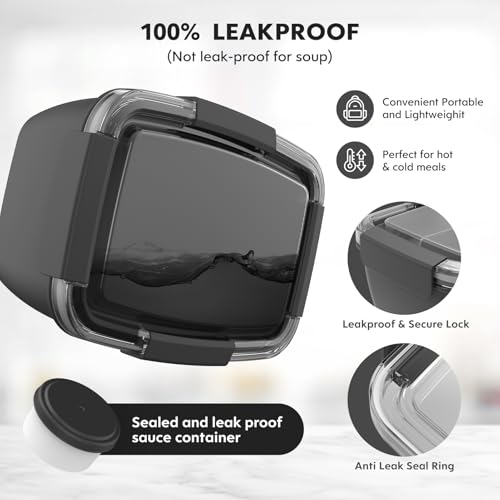 Cherrysea 2Pack Salad Lunch Container, 68oz Salad Bowls with 4 Compartments Tray,Leak Proof Lunch Box with Fork for Men,Women BPA-Free Snack Container with Sauce Container for Dressings - Black - Image 5