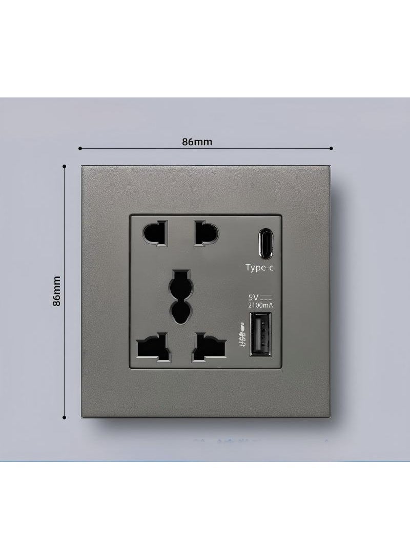 Universal Wall Socket with Type C and USB, QC Charging Electric Power Wall Socket Outlet, For Home and Office, Grey - Image 2