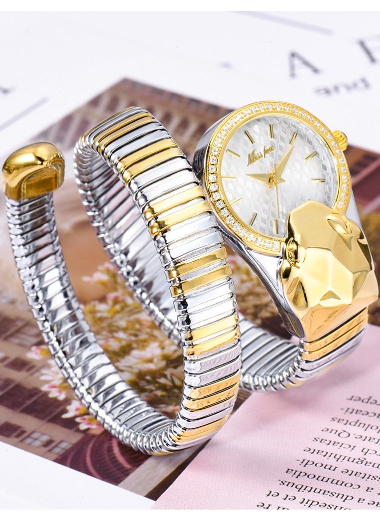 MISS FOX Luxury Inlaid Diamond Snake Shaped Fashion Brands MISSFOX Gold Silver Wrapped Bracelet Quartz Women's Watch Waterproof High End Clock Lady Hot Gift  - Image 1