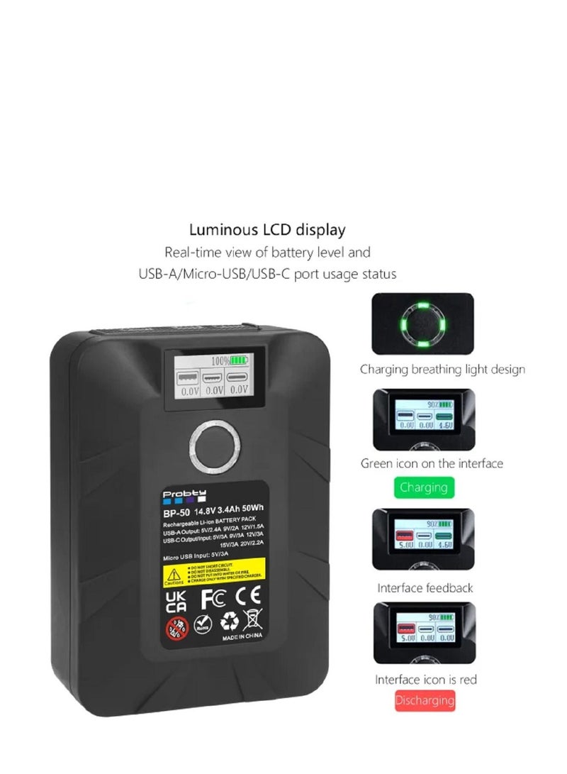 Probty V Mount Battery 50W with V-Lock lithium battery With USB and Type-C USB Port - Image 2