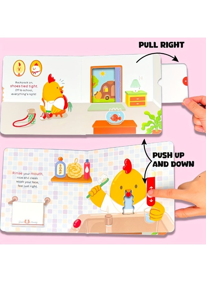 كتاب تفاعلي للأطفال “روتين الصباح للديك”، كتاب آليات سحب ودفع وفتح النوافذ لتنمية عادات الاستيقاظ المبكر والروتين اليومي الإيجابي، مناسب لمرحلة ما قبل المدرسة، أنشطة حسية ممتعة، كتاب مثالي للسفر والطائرة، هدية رائعة لأعياد الميلاد والمناسبات - Image 3