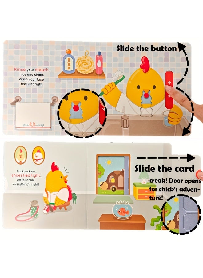 كتاب تفاعلي للأطفال “روتين الصباح للديك”، كتاب آليات سحب ودفع وفتح النوافذ لتنمية عادات الاستيقاظ المبكر والروتين اليومي الإيجابي، مناسب لمرحلة ما قبل المدرسة، أنشطة حسية ممتعة، كتاب مثالي للسفر والطائرة، هدية رائعة لأعياد الميلاد والمناسبات - Image 5