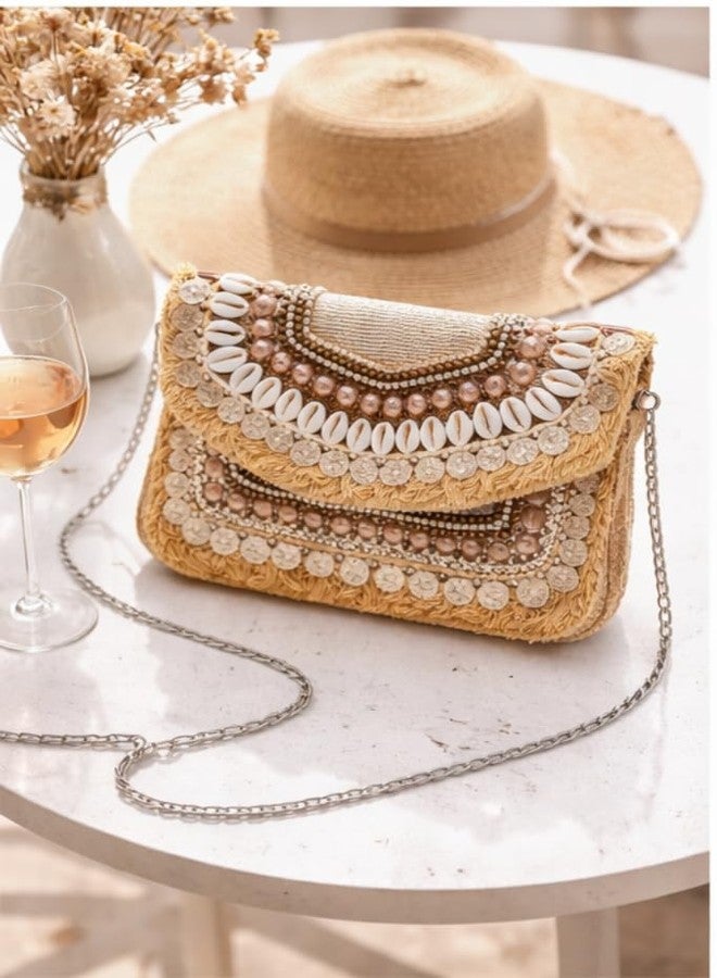 SENORA Boho Clutch Bag with Cowrie Shells, Gold Coins, Beads and Fringe, Chain Strap Crossbody Sling Purse - Image 3