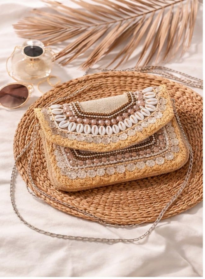 SENORA Boho Clutch Bag with Cowrie Shells, Gold Coins, Beads and Fringe, Chain Strap Crossbody Sling Purse - Image 2