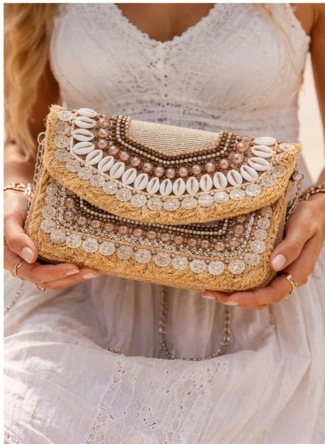 SENORA Boho Clutch Bag with Cowrie Shells, Gold Coins, Beads and Fringe, Chain Strap Crossbody Sling Purse - Image 4