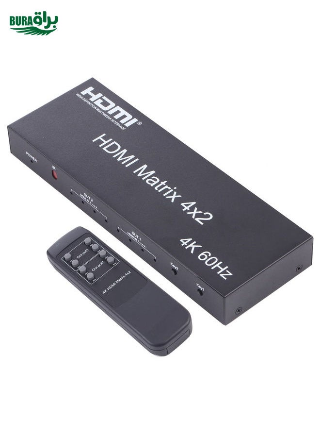 BURAQ - HDMI 4x2 Matrix Switcher / Splitter with Remote Controller, Support ARC / MHL / 4Kx2K / 3D, 4 Ports HDMI Input, 2 Ports HDMI Output - Image 1
