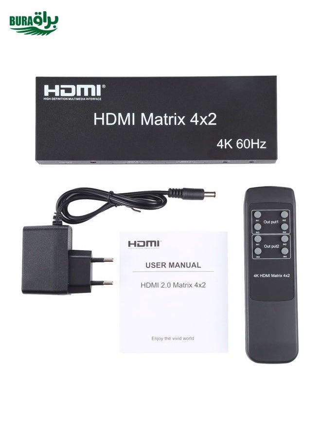 BURAQ - HDMI 4x2 Matrix Switcher / Splitter with Remote Controller, Support ARC / MHL / 4Kx2K / 3D, 4 Ports HDMI Input, 2 Ports HDMI Output - Image 1