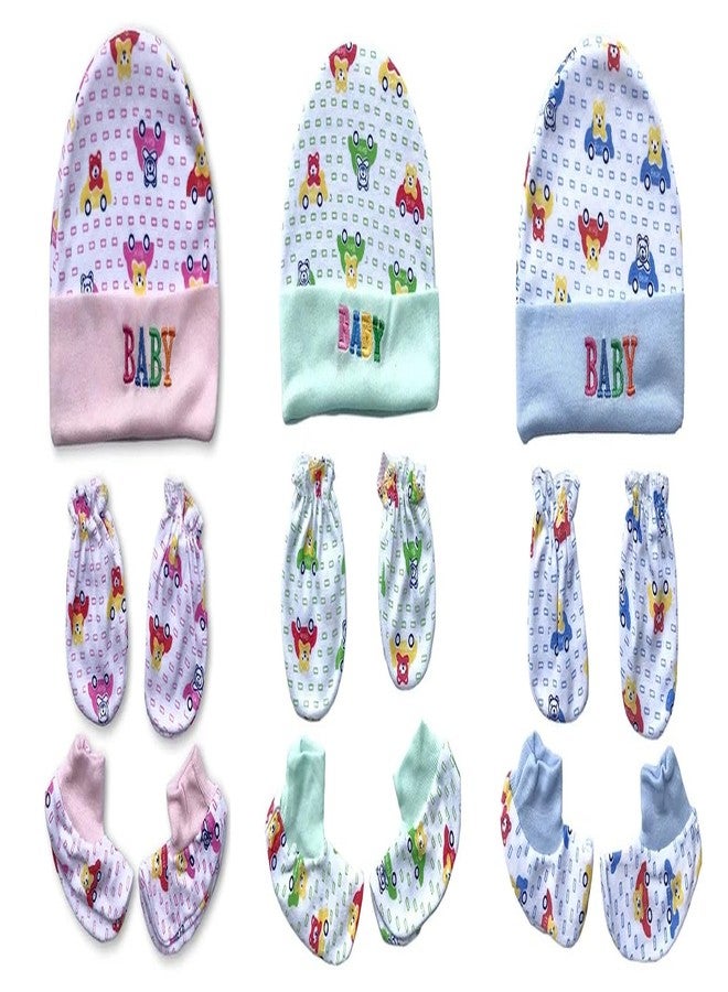 JUSTLIST Cotton Cap, Mittens and Booties for New Born (0-3 Months) - Multicolor, Pack of 3 Pairs | for Baby Boy & Girl - Image 1